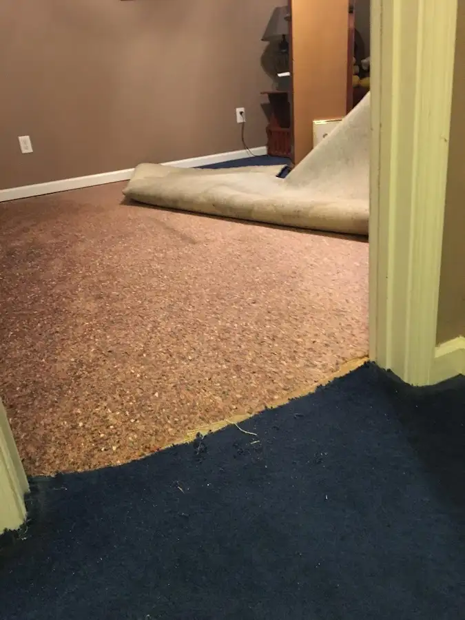 Carpet pad removal revealing water damage during Water Mitigation Services in Riverton